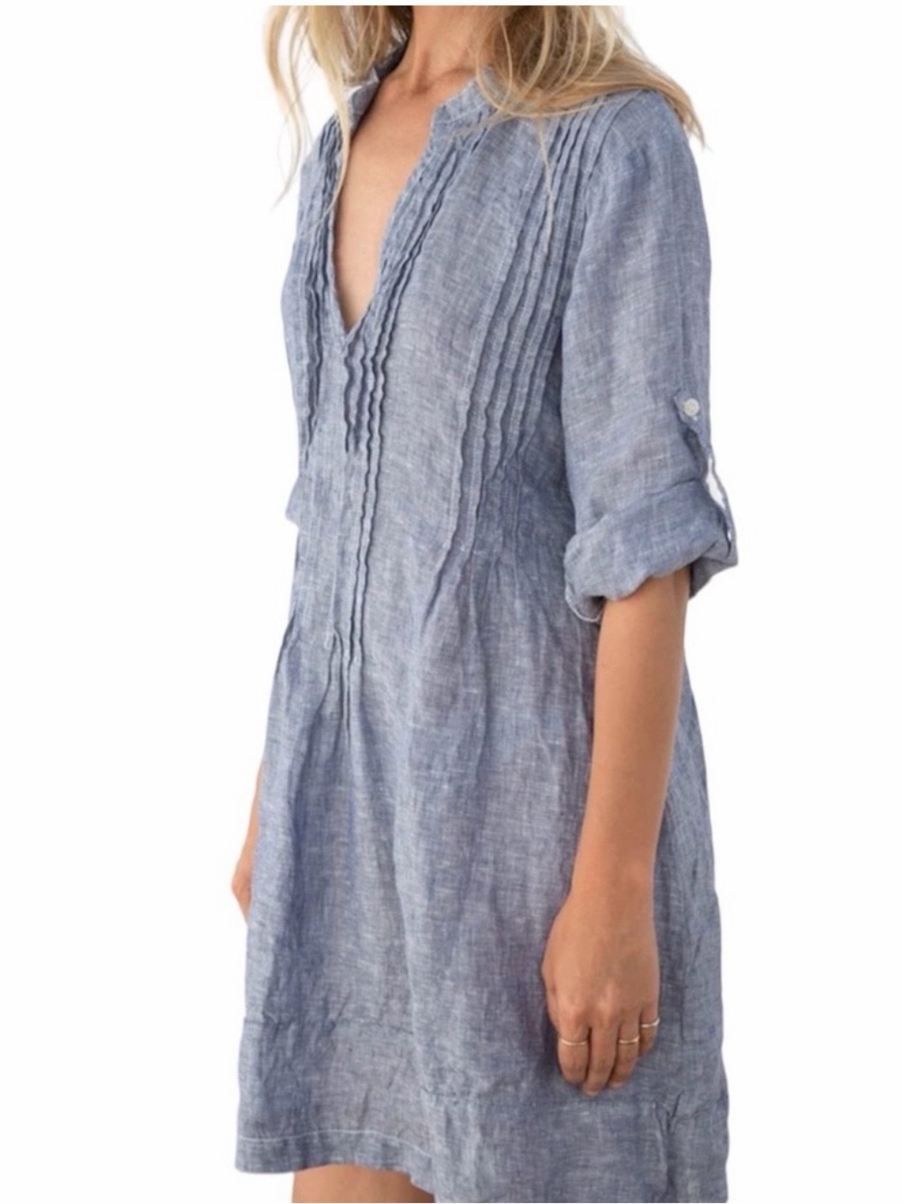 CP Shades Blue Stripe Regina Split Neck Roll Tab Sleeve Linen Dress Size Large